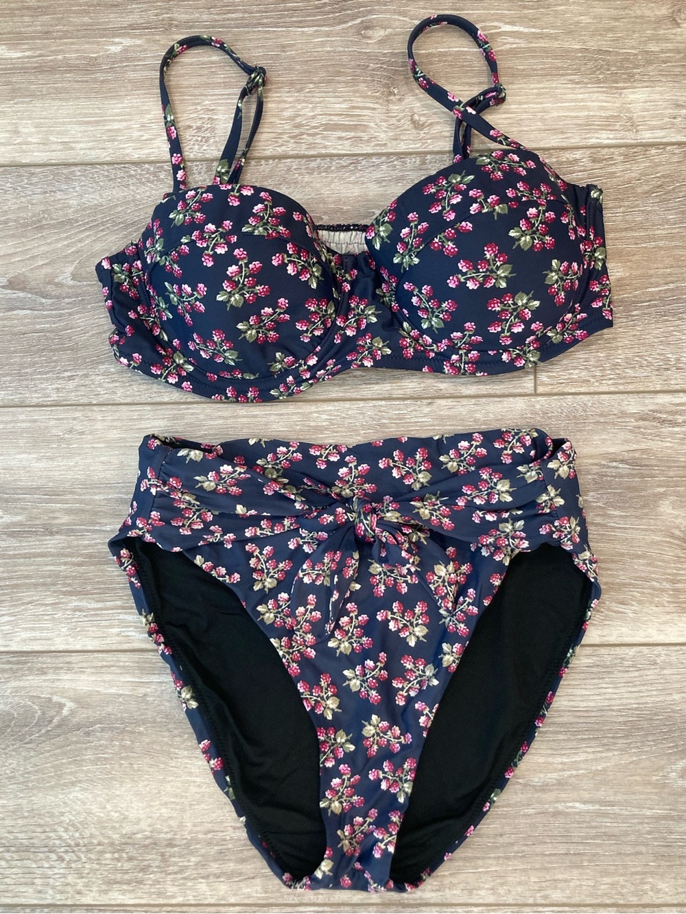 J. Crew Navy Floral Underwire Bikini Set with Pink Blossoms